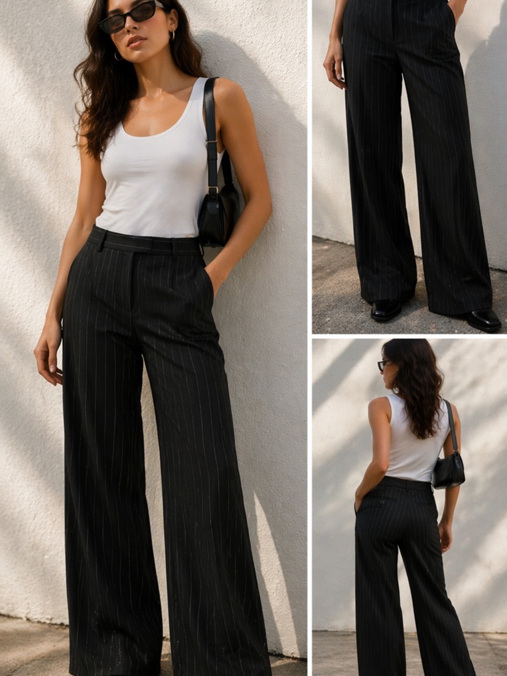 Jaiden Black Multicolor Pinstripe Wide Leg Wool Blend Mid High Rise Pants Sz. 12